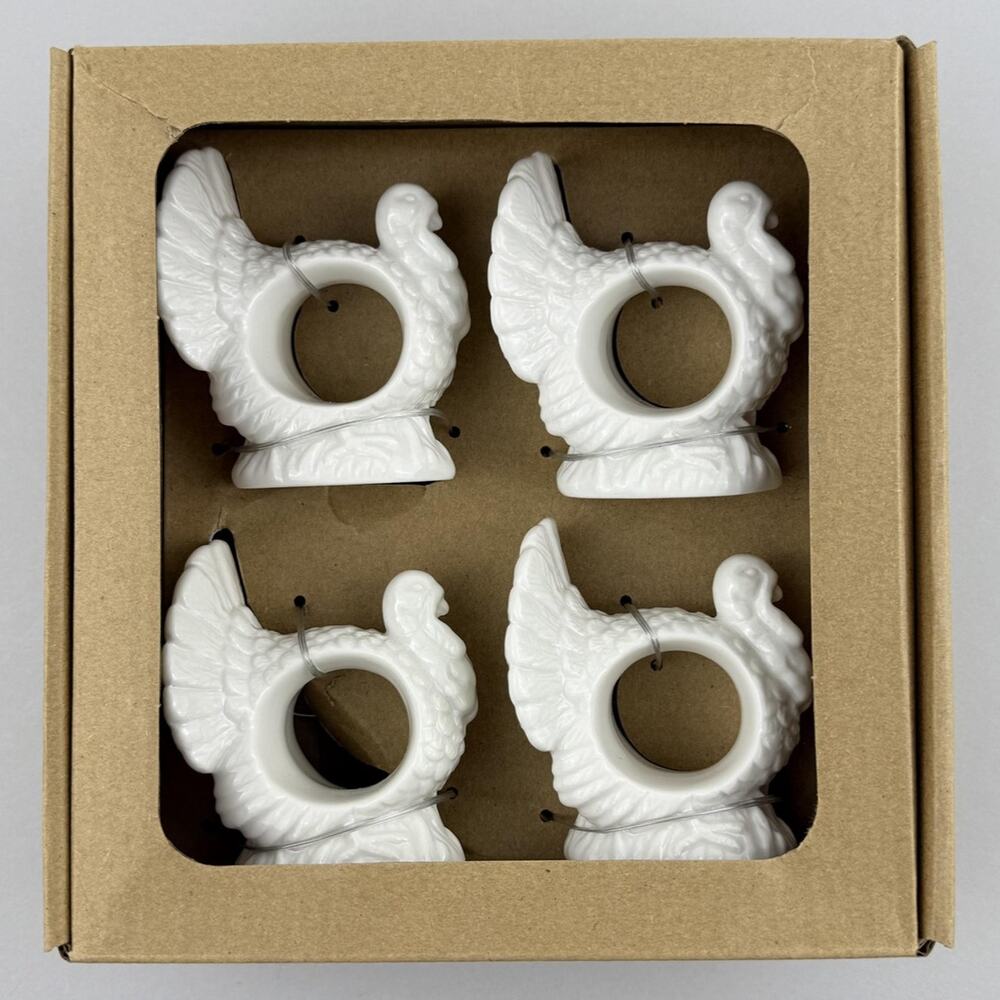 Pottery Barn Turkey Napkin Rings Set of 4 White Ceramic Thanksgiving Table Decor